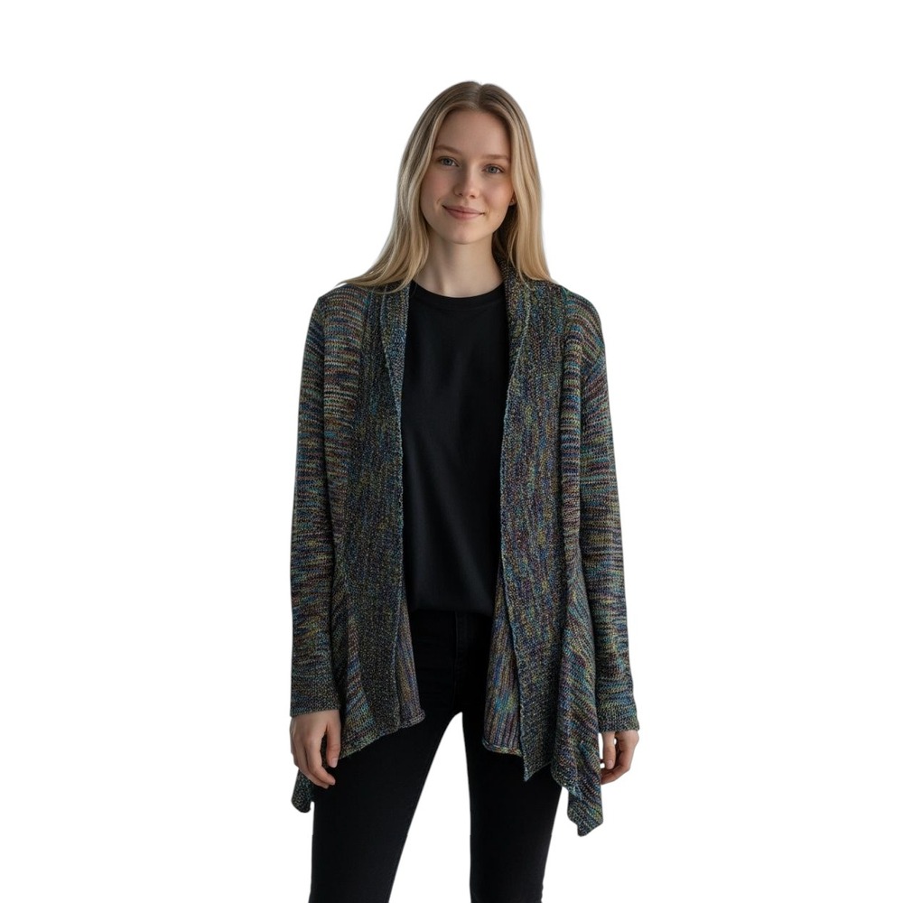 Open Front Knit Cardigan Blue‎ Green Brown Multicolor Sweater Jacket Small